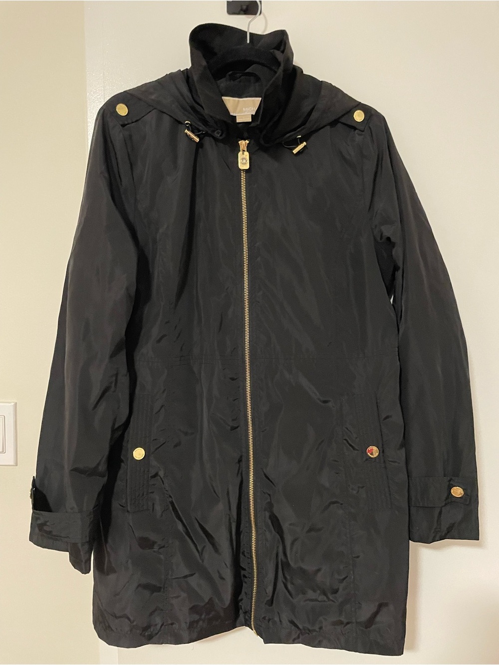 Michael Kors Black Hooded Trench with Gold Accents